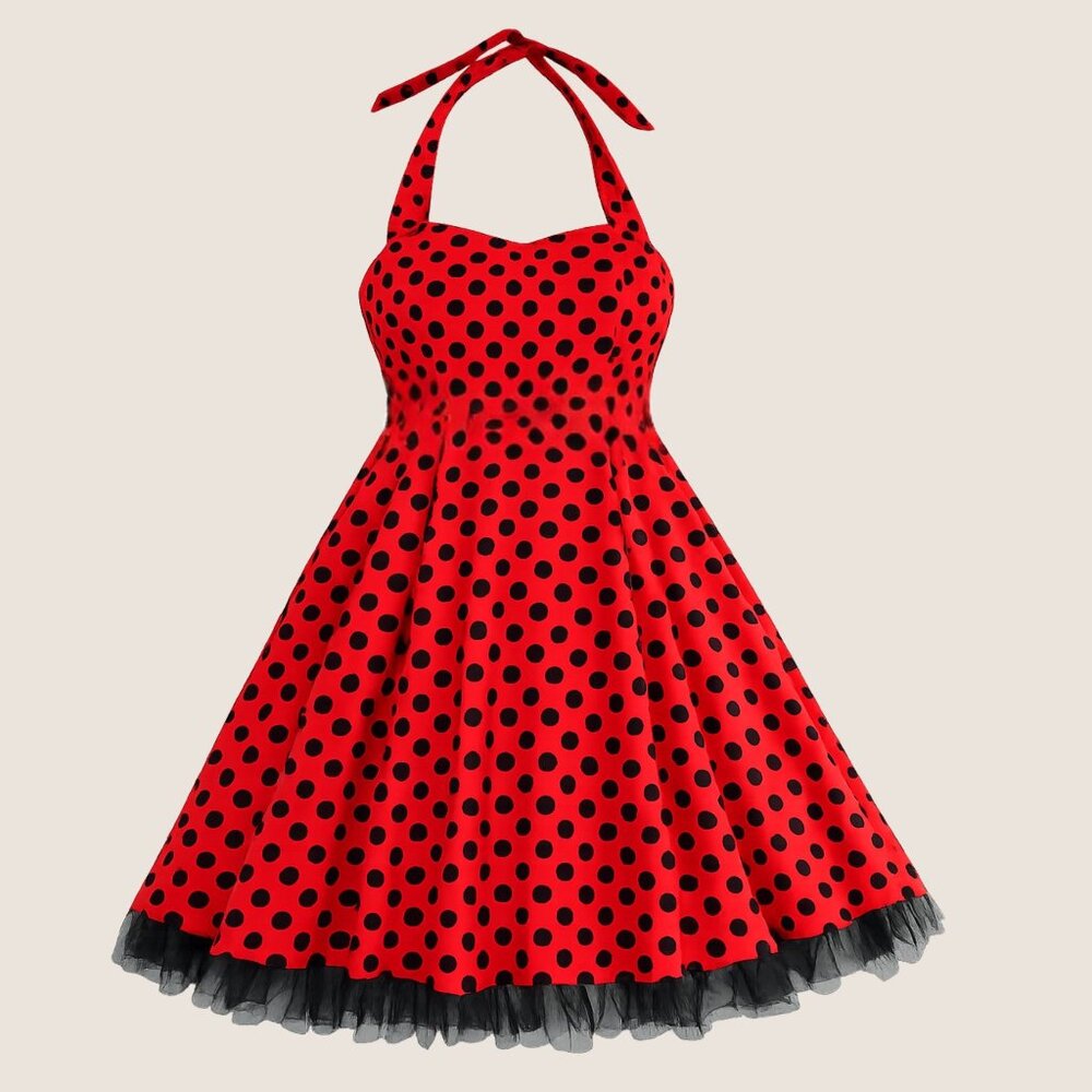Retro Halter Dress Oten Tag Size 3XL Red Polka Dot Rockabilly Fashion Costume